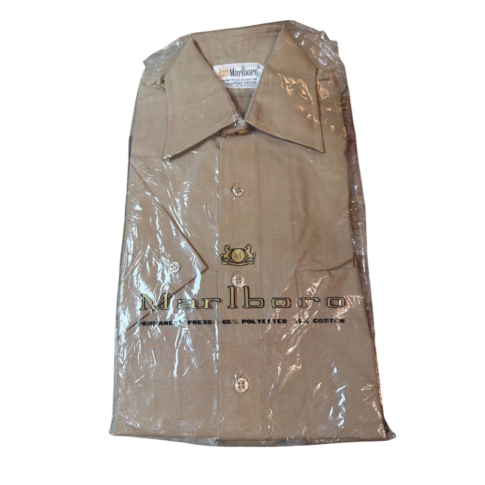 Vintage Marlboro Tan Long Sleeve Button Down Shirt Deadstock 15.5 NOS